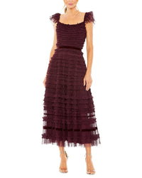 Mac Duggal Flutter Sleeve Tiered Ruffle Midi Dress