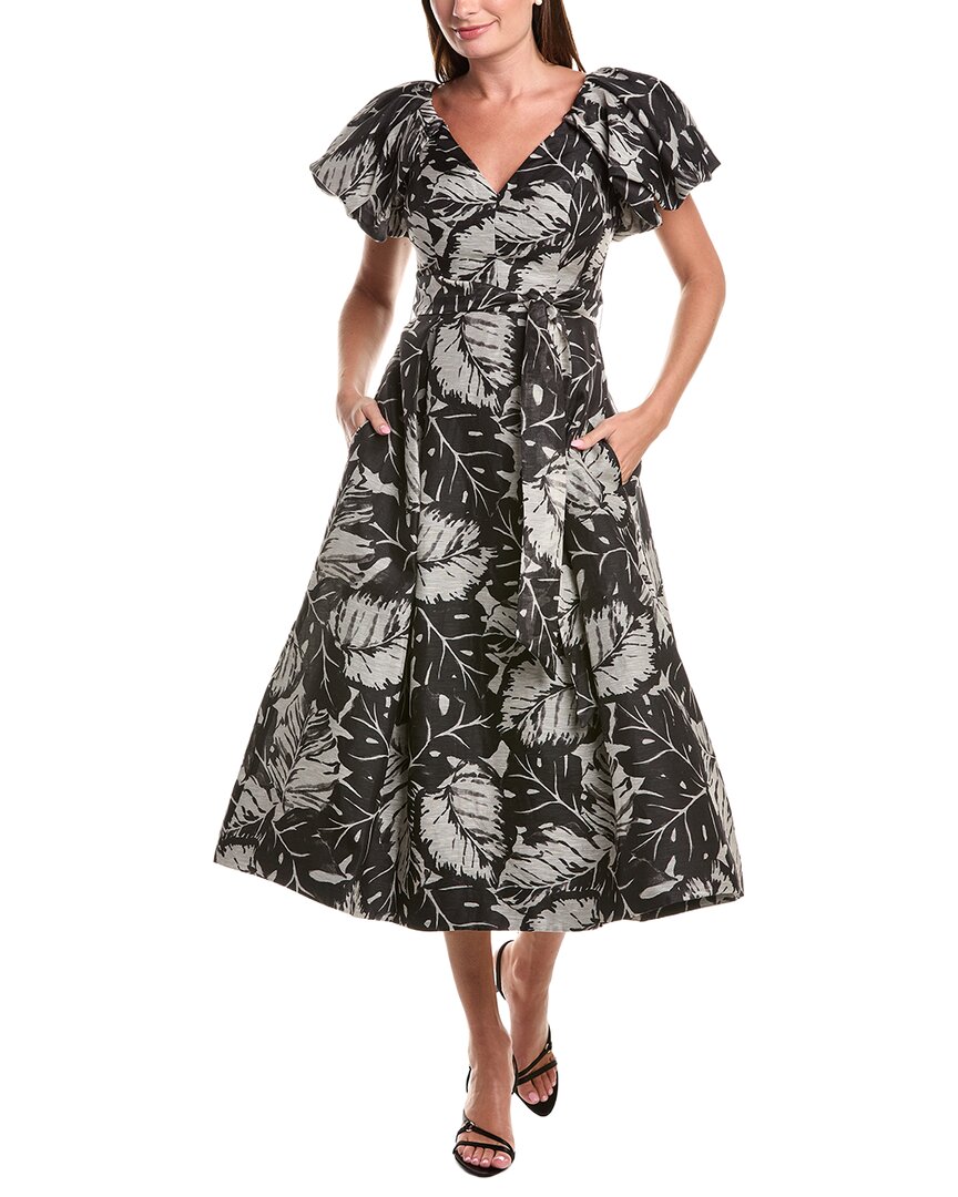 Teri Jon by Rickie Freeman Teri Jon By Rickie Freeman V-Neck Puff Sleeve Pleated Silk & Linen-Blend Dress