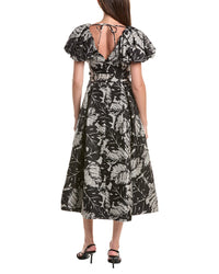 Teri Jon by Rickie Freeman Teri Jon By Rickie Freeman V-Neck Puff Sleeve Pleated Silk & Linen-Blend Dress