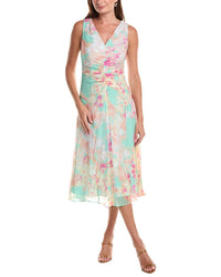 Teri Jon by Rickie Freeman Teri Jon By Rickie Freeman Chiffon Print V-Neck Ruched Front Silk Midi Dress