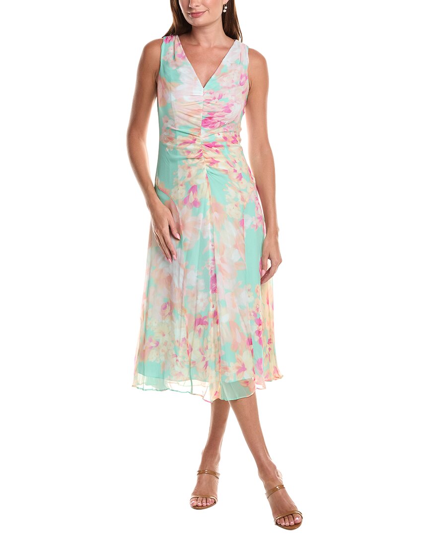 Teri Jon by Rickie Freeman Teri Jon By Rickie Freeman Chiffon Print V-Neck Ruched Front Silk Midi Dress