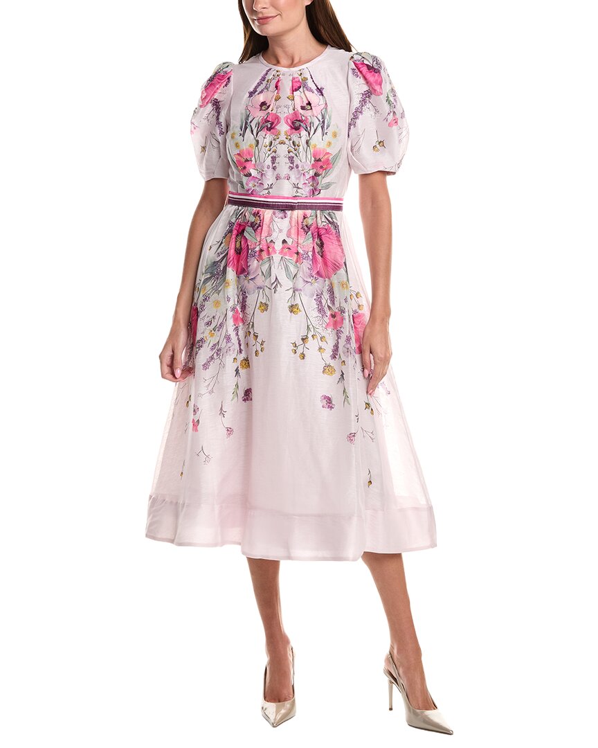 Teri Jon by Rickie Freeman Teri Jon By Rickie Freeman Puff Sleeve Placement Print Silk & Linen-Blend Midi