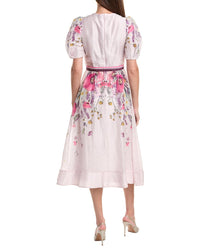 Teri Jon by Rickie Freeman Teri Jon By Rickie Freeman Puff Sleeve Placement Print Silk & Linen-Blend Midi