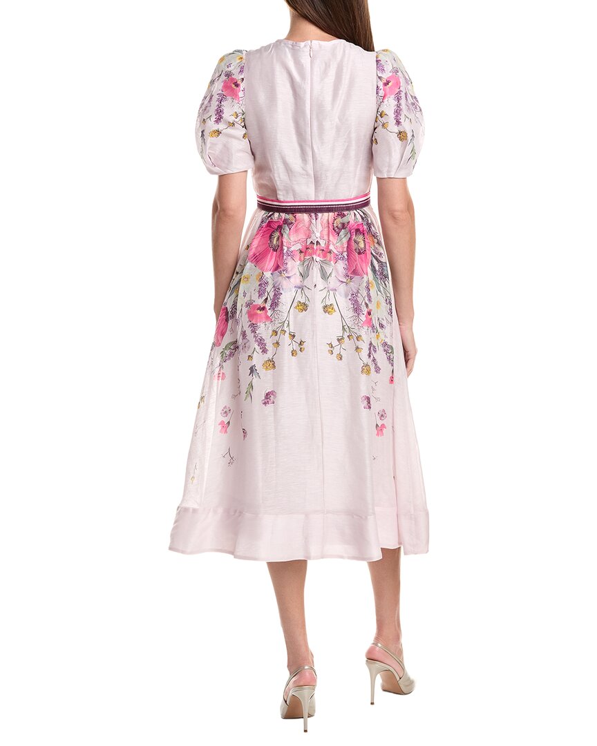 Teri Jon by Rickie Freeman Teri Jon By Rickie Freeman Puff Sleeve Placement Print Silk & Linen-Blend Midi