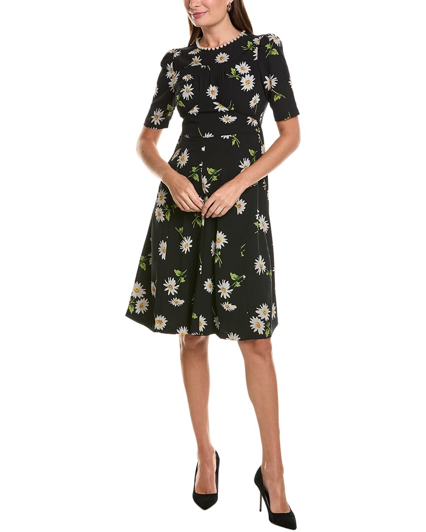 Teri Jon by Rickie Freeman Teri Jon By Rickie Freeman Crepe Daisy Print Pearl-Trim A-Line Dress