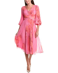 Teri Jon by Rickie Freeman Teri Jon By Rickie Freeman Printed Chiffon Pleated Full Sleeve V-Neck Dress