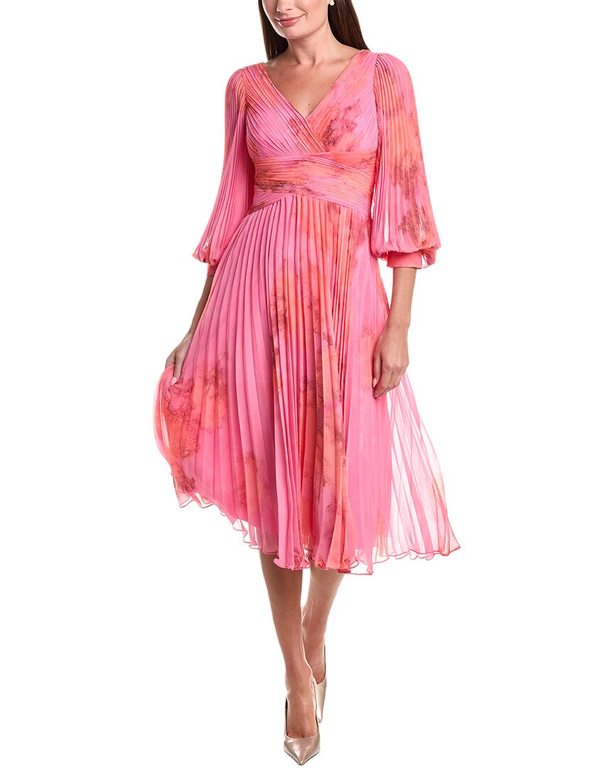 Teri Jon by Rickie Freeman Teri Jon By Rickie Freeman Printed Chiffon Pleated Full Sleeve V-Neck Dress