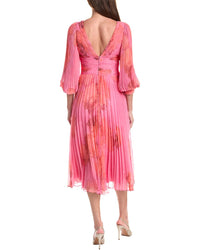 Teri Jon by Rickie Freeman Teri Jon By Rickie Freeman Printed Chiffon Pleated Full Sleeve V-Neck Dress