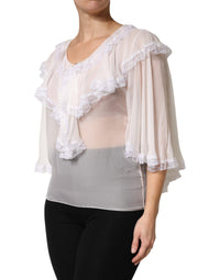Dolce & Gabbana White LongSleeve Lace Trim Ruffled Blouse Women's Top