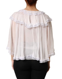 Dolce & Gabbana White LongSleeve Lace Trim Ruffled Blouse Women's Top