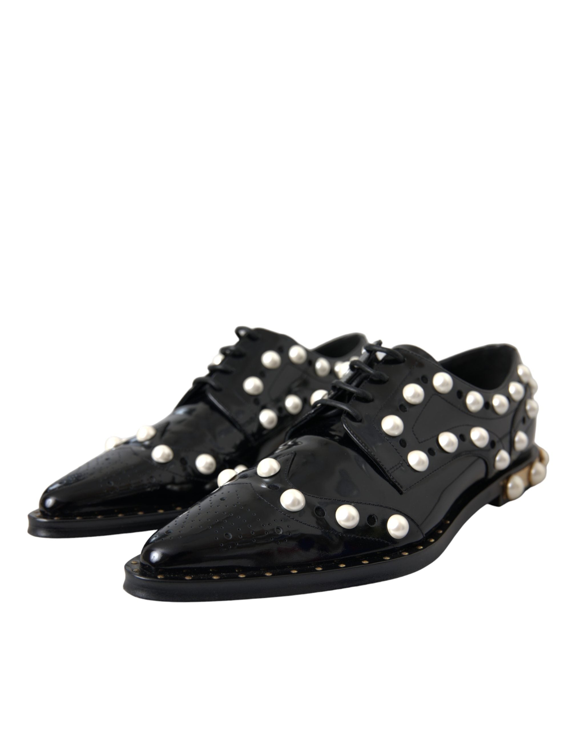 Dolce & Gabbana Dolce & Gabbana Black Leather Faux Pearl Dress Brogue Women's Shoes