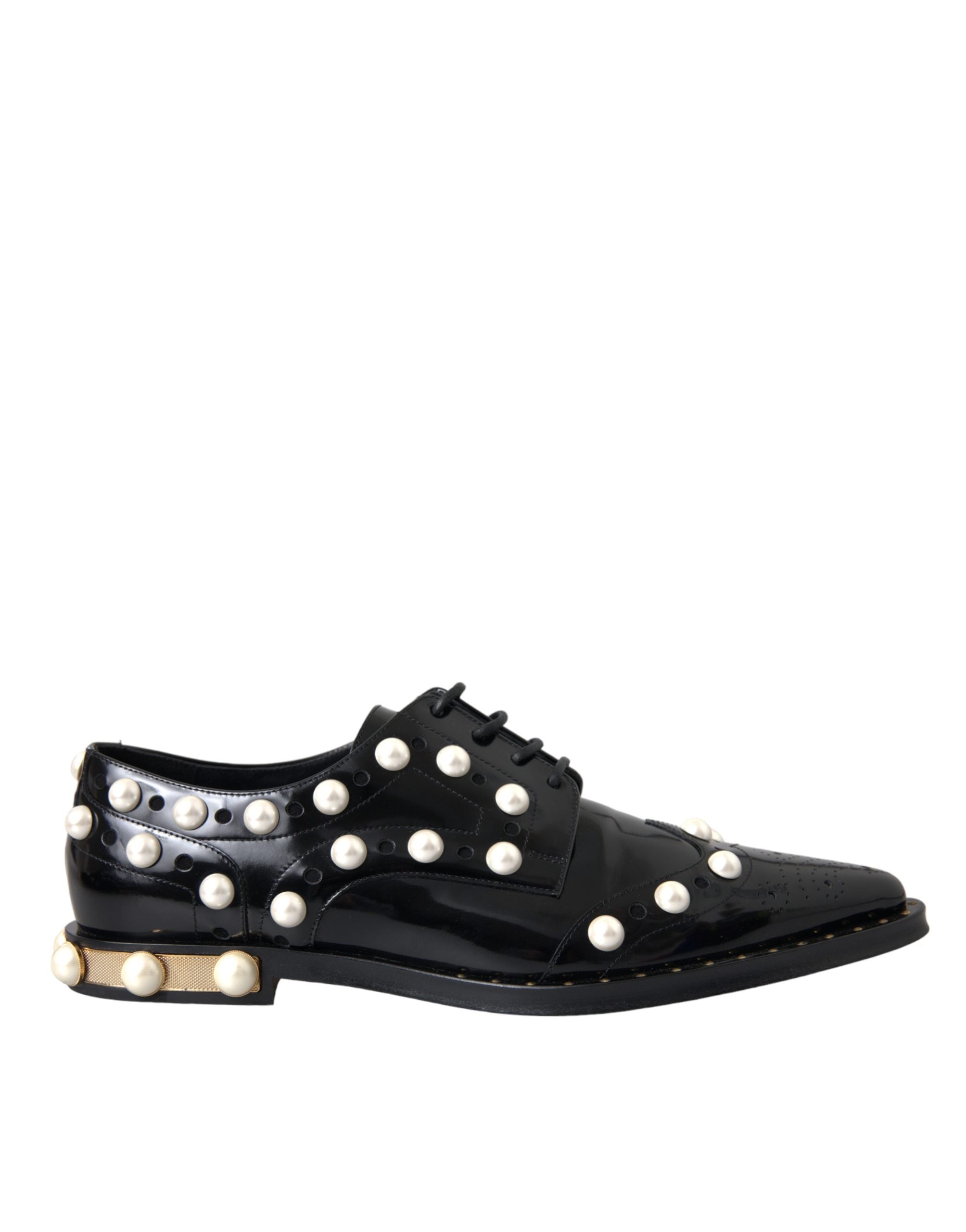 Dolce & Gabbana Dolce & Gabbana Black Leather Faux Pearl Dress Brogue Women's Shoes