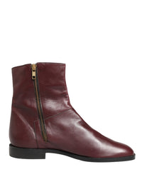Dolce & Gabbana Maroon Leather Flats Biker Ankle Boots Women's Shoes