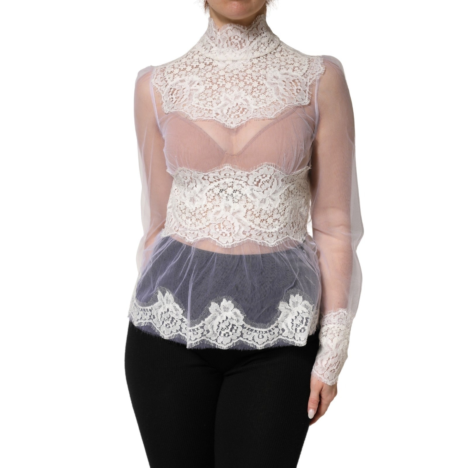 Dolce & Gabbana White Nylon Lace Tulle Sheer Long Sleeve Women's Top