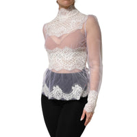 Dolce & Gabbana White Nylon Lace Tulle Sheer Long Sleeve Women's Top