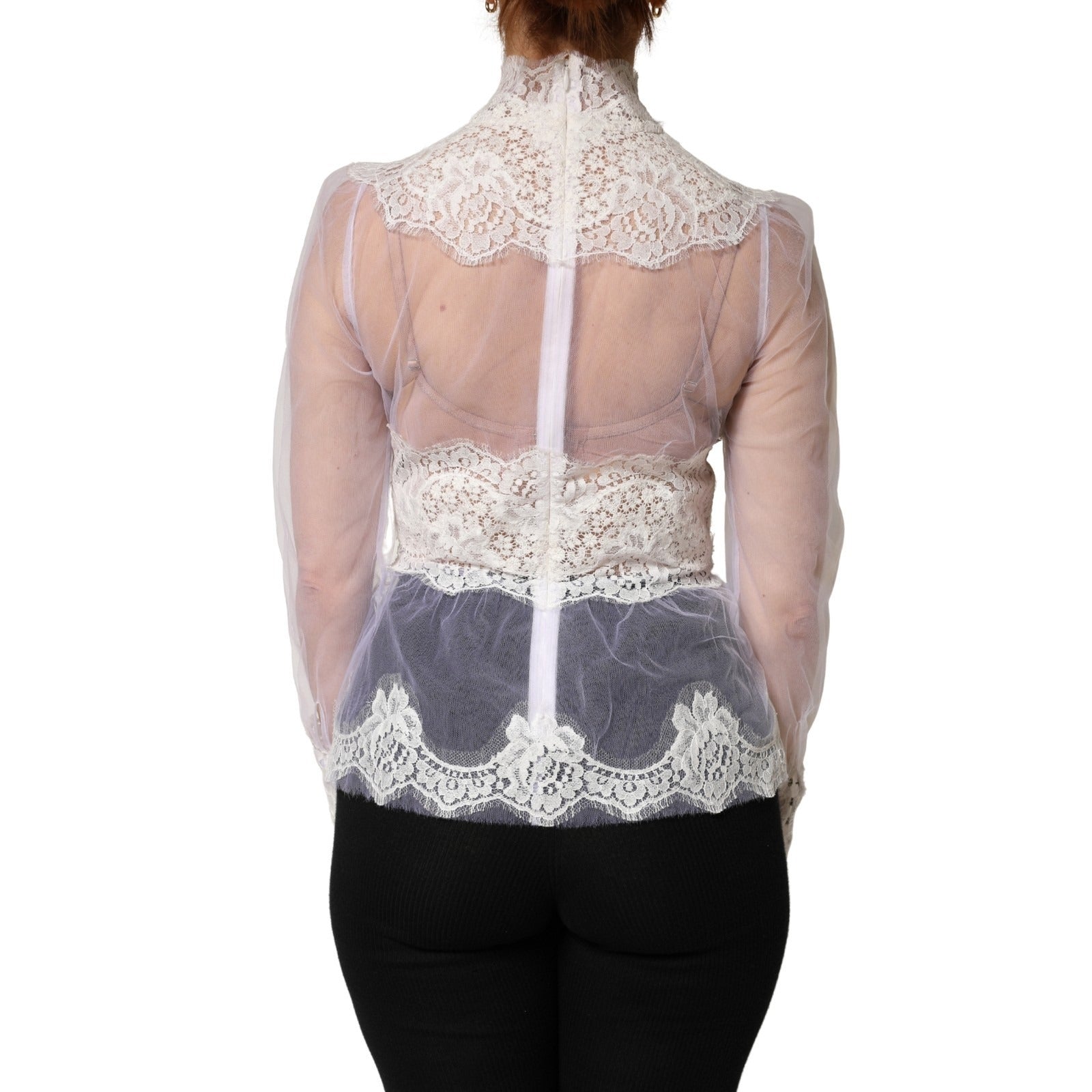 Dolce & Gabbana White Nylon Lace Tulle Sheer Long Sleeve Women's Top