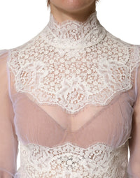 Dolce & Gabbana White Nylon Lace Tulle Sheer Long Sleeve Women's Top