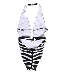 Dolce & Gabbana Black White Zebra Deep V-Neck One Piece Women's Swimwear