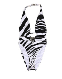 Dolce & Gabbana Black White Zebra Deep V-Neck One Piece Women's Swimwear