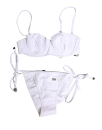 Dolce & Gabbana White Nylon Bikini Logo Plaque 2 Piece Women's Swimwear