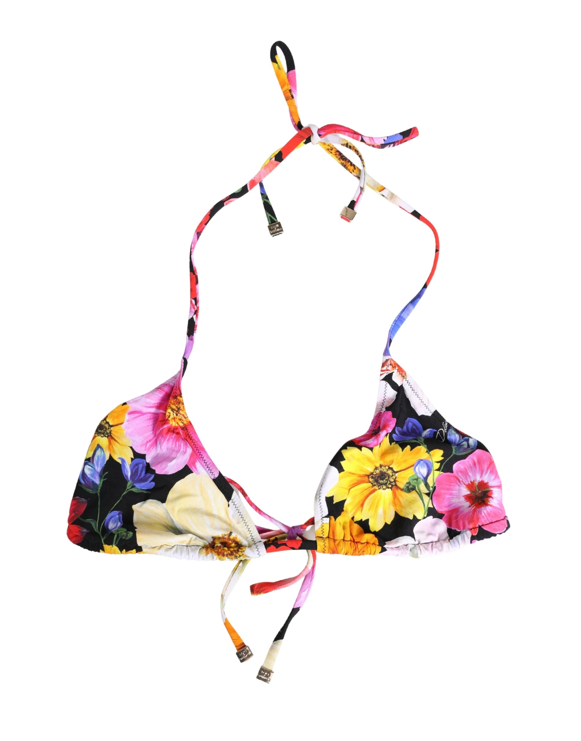 Dolce & Gabbana Black Floral Print Nylon Halter Bikini Top Women's Swimwear