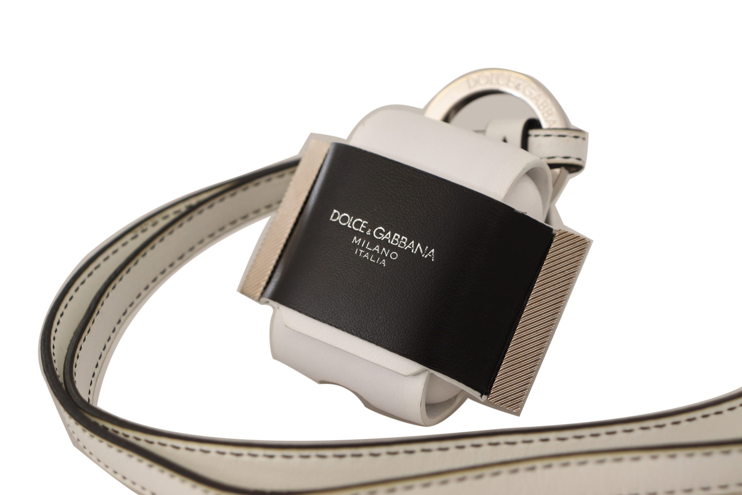 Dolce Gabbana White Black Leather Strap Silver Metal Logo Airpods Case