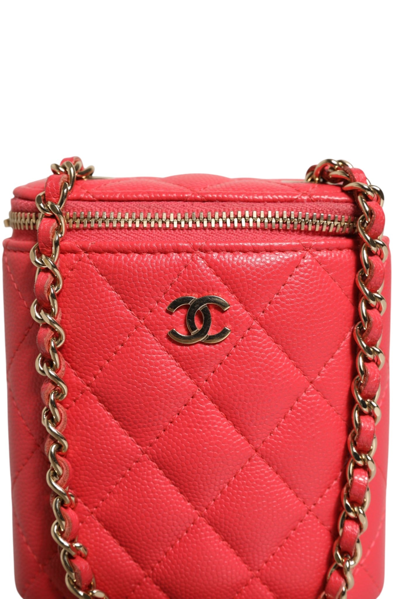 Chanel Red Caviar Quilted Small Vertical Coco Beauty Vanity Case with Women's Chain (Authentic Pre-Loved)