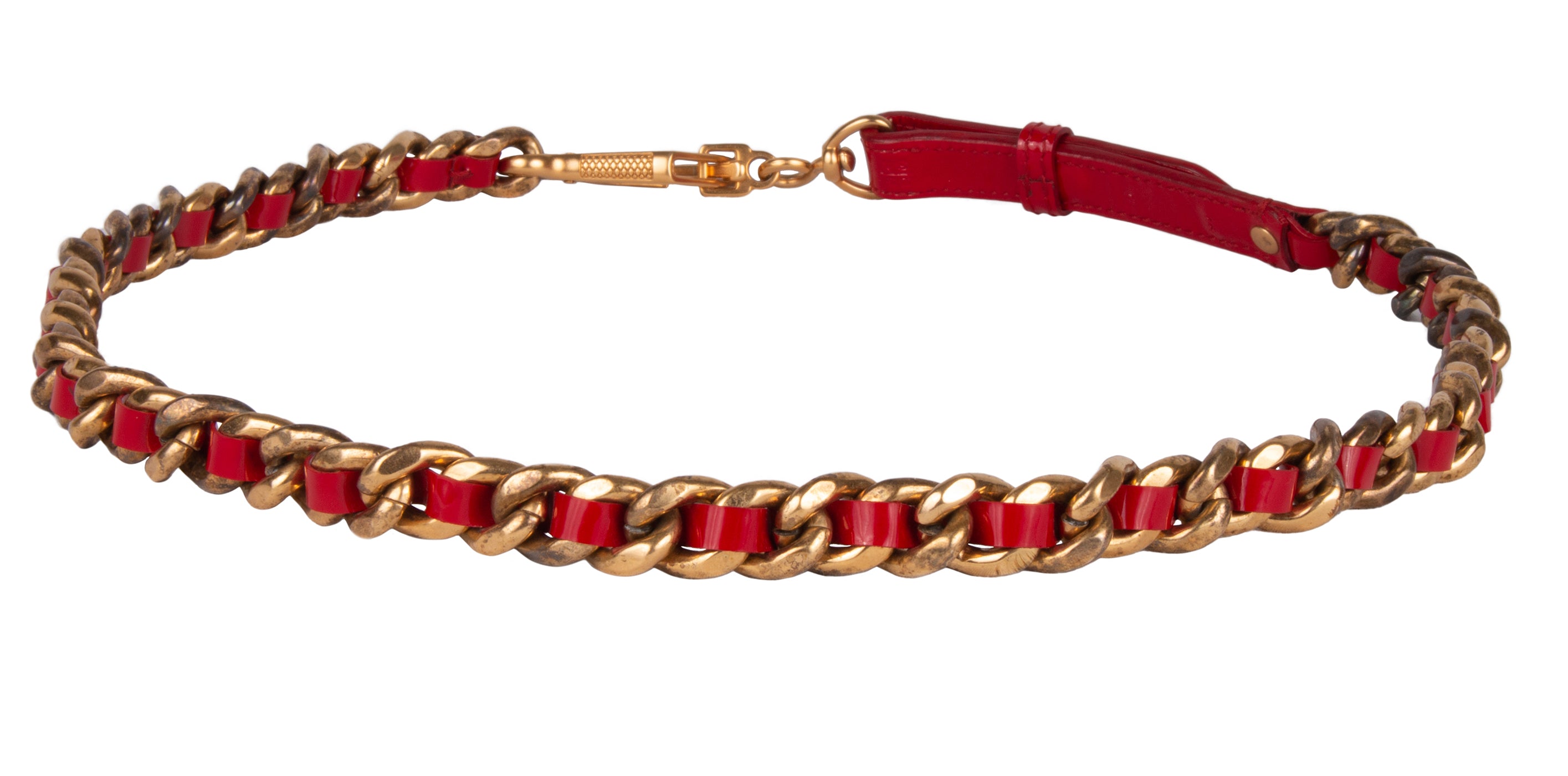 Miu Miu Red Narrow Leather Aged Distressed Gold Curb Chain Belt-