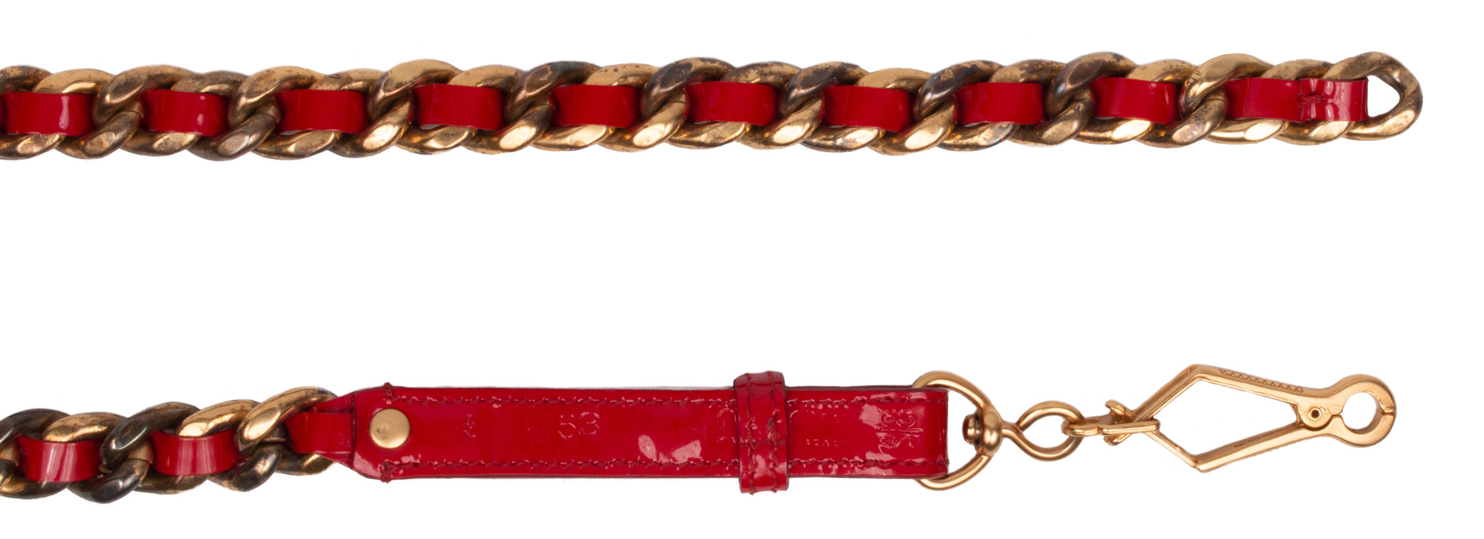 Miu Miu Red Narrow Leather Aged Distressed Gold Curb Chain Belt-