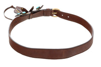 Miu Miu Brown Leather Turquoise Bead Floral Applique Belt-