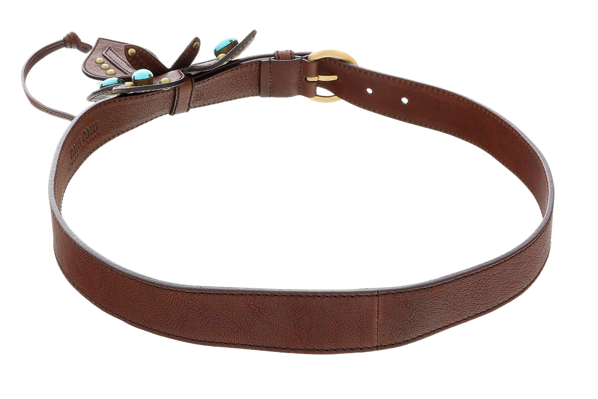 Miu Miu Brown Leather Turquoise Bead Floral Applique Belt-