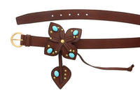 Miu Miu Brown Leather Turquoise Bead Floral Applique Belt-