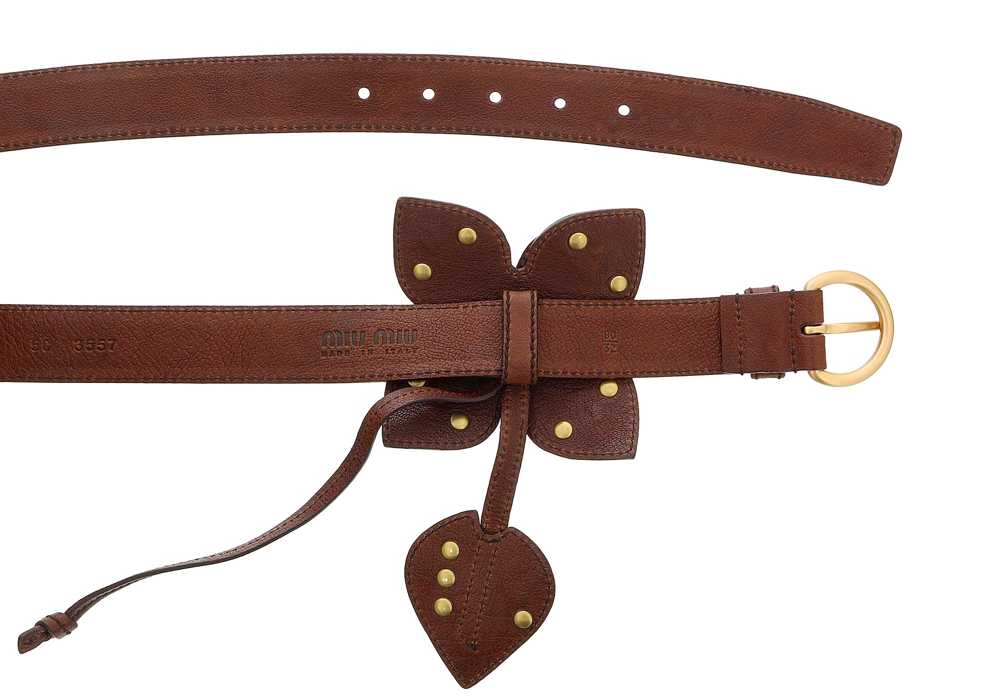 Miu Miu Brown Leather Turquoise Bead Floral Applique Belt-