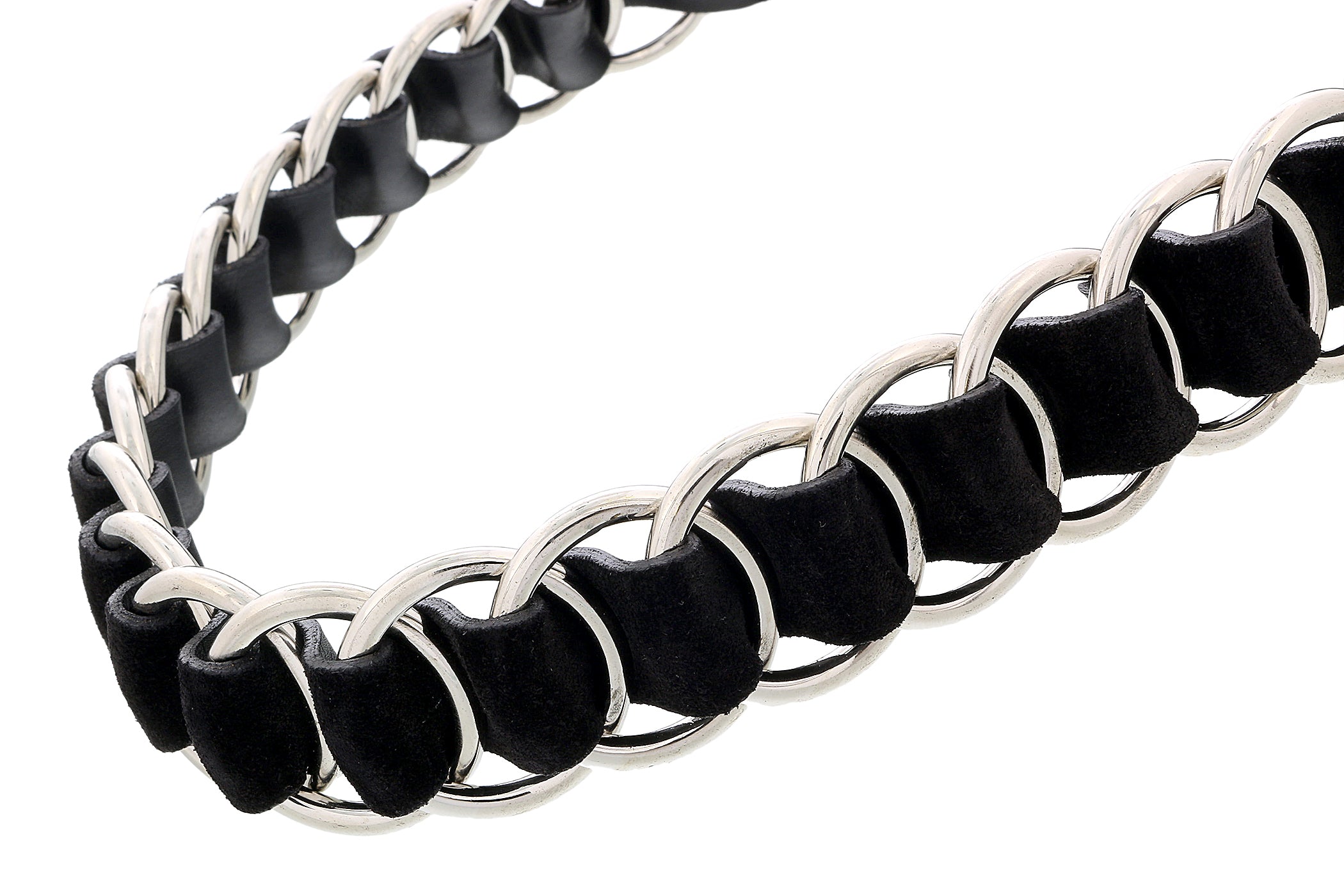 Miu Miu Black/Silver Leather Woven Silver Chain Choker Necklace-One Size