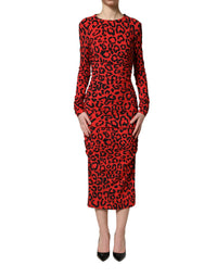 Dolce & Gabbana Red Leopard Print Long Sleeves Midi Women's Dress