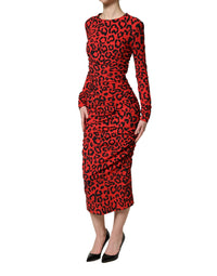 Dolce & Gabbana Red Leopard Print Long Sleeves Midi Women's Dress