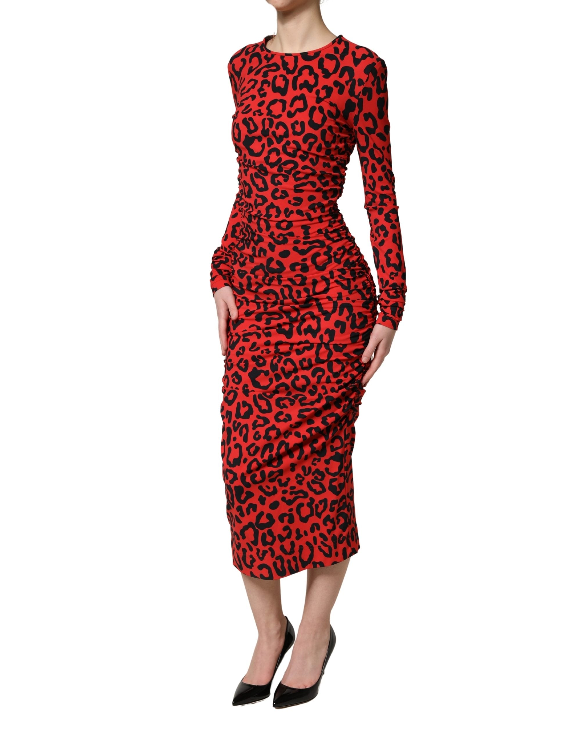 Dolce & Gabbana Red Leopard Print Long Sleeves Midi Women's Dress