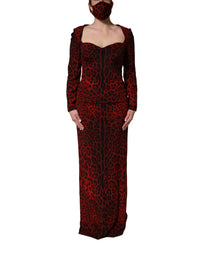 Dolce & Gabbana Red Leopard Print Sheath Long Sleeve Women's Dress