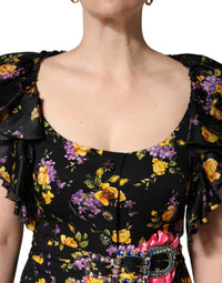 Dolce & Gabbana Black Purple Crystal Brooch Silk Midi Women's Dress