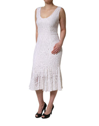 Dolce & Gabbana White Floral Lace Sleeveless Midi Women's Dress