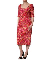 Dolce & Gabbana Red Paisley Floral Print Sheath Midi Women's Dress