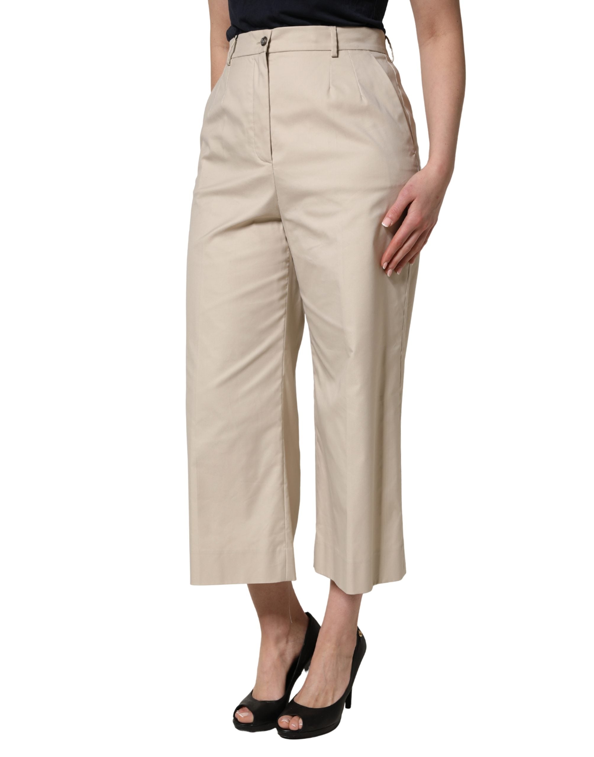 Dolce & Gabbana Beige Cotton Mid Waist Cropped Trouser Women's Pants