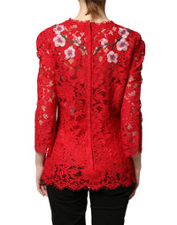 Dolce & Gabbana Red Lace Floral Embroidery Long Sleeves Women's Top