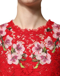 Dolce & Gabbana Red Lace Floral Embroidery Long Sleeves Women's Top