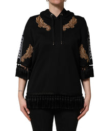 Dolce & Gabbana Black Embroidered Tassel Hooded Sweatshirt Women's Sweater