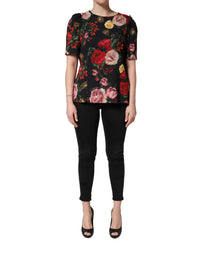 Dolce & Gabbana Black Floral Crepe Frill Detail Blouse Women's Top