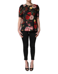 Dolce & Gabbana Black Floral Crepe Frill Detail Blouse Women's Top