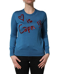 Dolce & Gabbana Blue Silk Sequined CrewNeck Pullover Women's Sweater