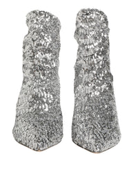 Dolce & Gabbana Silver Sequined Short Boots Stretch Women's Shoes