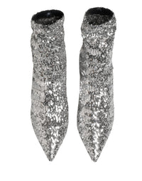 Dolce & Gabbana Silver Sequined Short Boots Stretch Women's Shoes